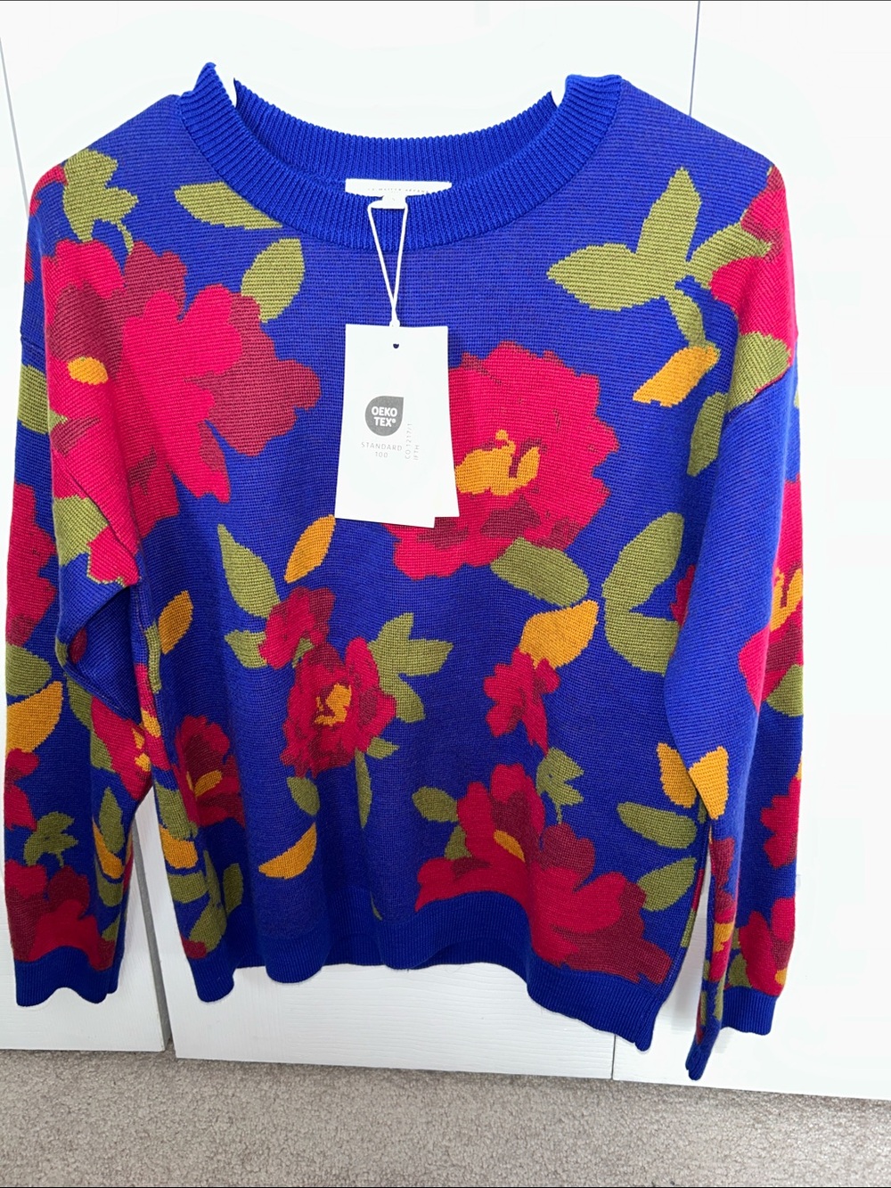 Sezane Beatrice Jumper in Flash Flowes, 100% Merino Wool, size S, NWT